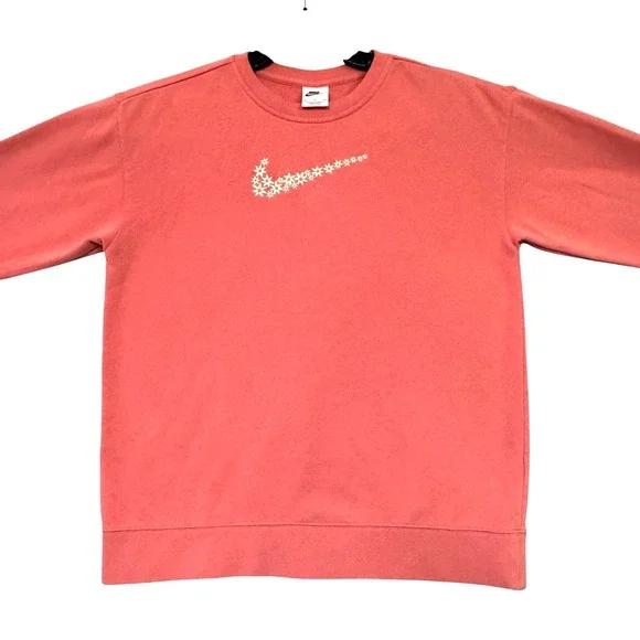 Nike‎ Girls XL Floral Embroidered Swoosh Logo Cottagecore Coral Crew Sweatshirt