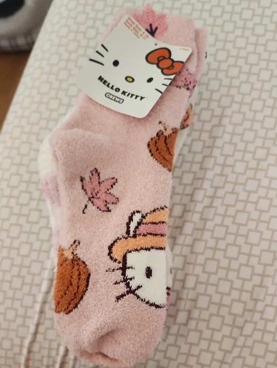 Hello Kitty Pink Fuzzy Socks with Pumpkin & Leaf Accents