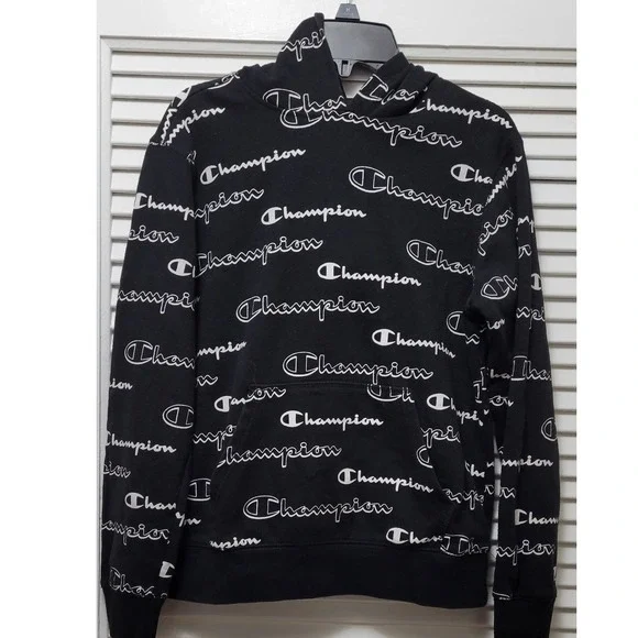 Champion Kids All Over Script Logo Hoodie Black White Pullover Sweatshirt L