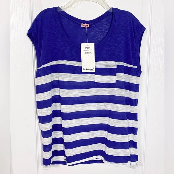 Splendid Striped Cap Sleeve Burnout Pocket Tee USA MADE Blue White Girl’s 12
