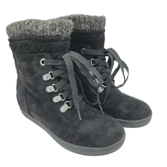 G BY GUESS Sz 6 Black Microsuede Ankle Boots Quilted Heel Lace Up Knitted NWOT