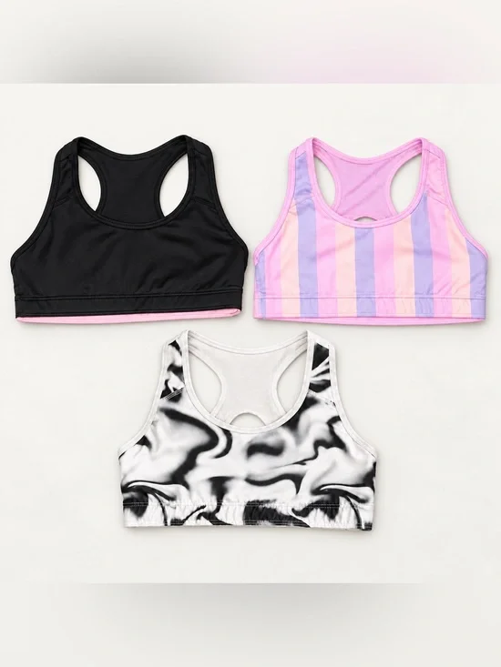 🤠❤️‍🔥 Athletic Works GIRLS LARGE Reversible Sports Bra Bundle 3 PACK BUNDLE 🩷💜🖤🤍