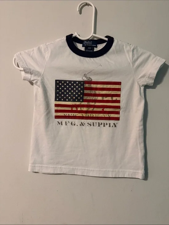 Polo by Ralph Lauren White Tee with Navy Ringer and Flag Graphic