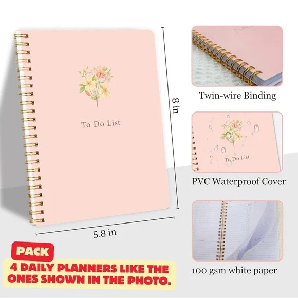 Undated Daily Planner 5.8x8‎ – To-Do Notebook w/ Priorities & Notes (4-pack)