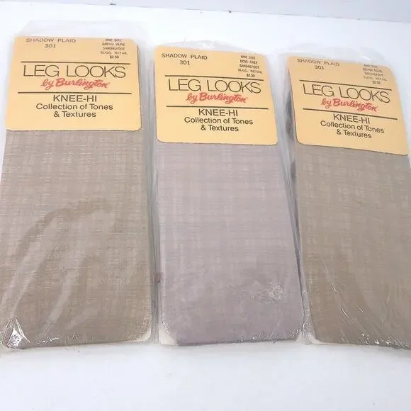 Vtg Leg Looks By Burlington Knee Hi Collection Shadow Plaid Grey Olive Set 3