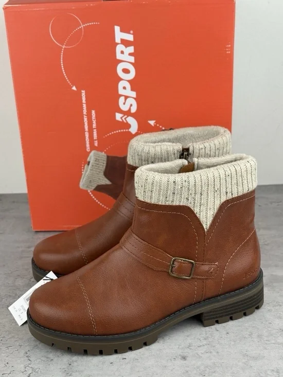 New JSport Violet Boots Women's Brown Zip Knit Cuff Memory Foam Ankle Bootie