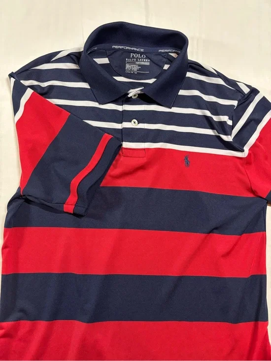 Polo Ralph Lauren Boys' Performance Golf Shirt Blue Striped, Size L (14-16)