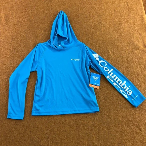 Columbia Youth Small Blue PFG Deep Waves Long Sleeve Hoodie NWT *Flaw