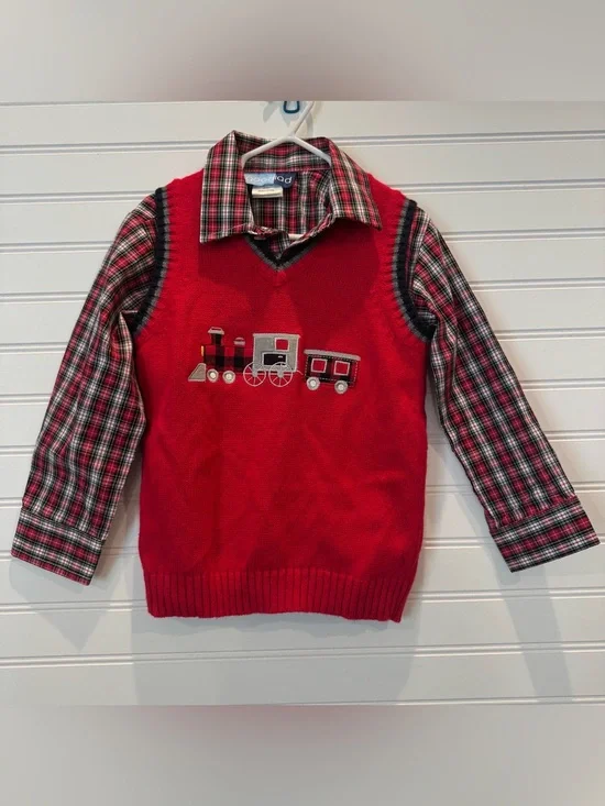 Goodlad Boys 4T Christmas Outfit Shirt Sweater Vest Train Plaid Holiday 2 Piece