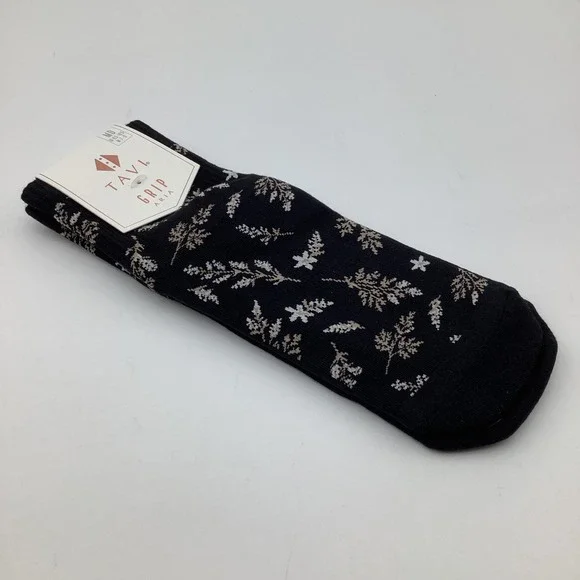 Tavi Aria Grip‎ Socks Ebony Floral Black Crew Yoga Pilates Barre Size Medium NWT