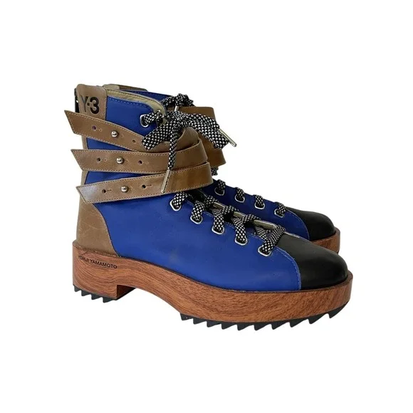 Y3 Mountain Climbers Boots Womens 9 Blue Wood Strappy Avant Garde Sneakers Shoes