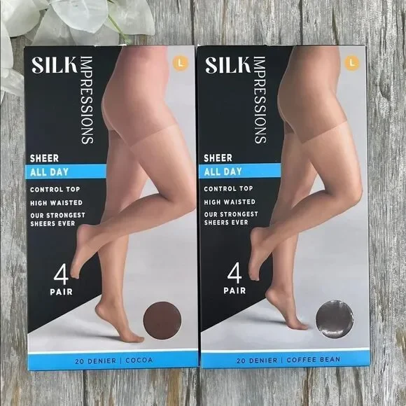 Silk Impressions 20 Denier Sheer Tights and Control Top Pantyhose 2, 4-Packs L
