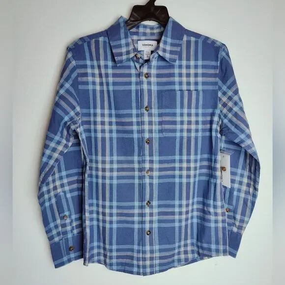 NWT Sonoma Boys' Blue Plaid Button Down Shirt, Size S