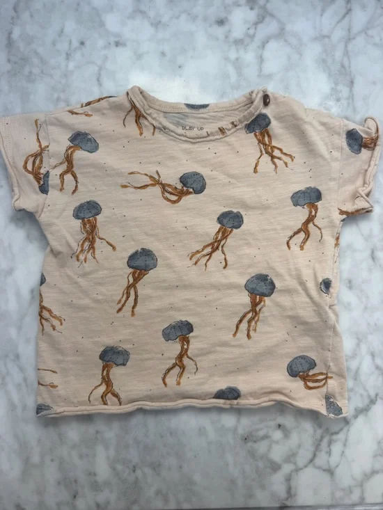 PLAY UP 12M Jellyfish Print Short Sleeve Top - Cream and Blue