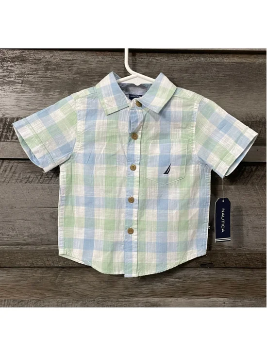 Nautica Boys Plaid Short Sleeve Button Down Shirt 12 Months Blue Green Easter