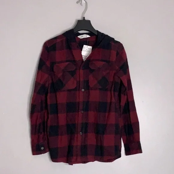 New with tags H & M long sleeve button down hooded flannel shirt 10-11 y kids