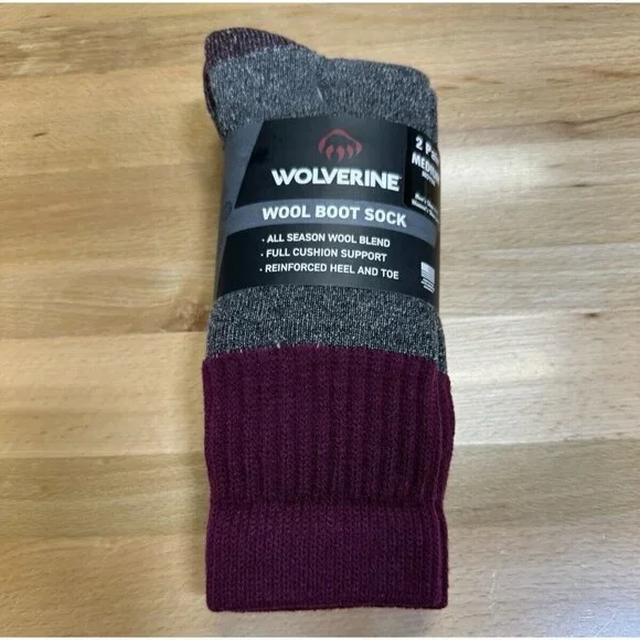 Wolverine Women's Wool Boot Socks sz M Medium 6-9 MAROON 2 Pairs