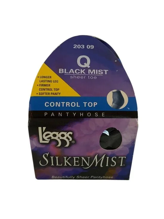 Leggs Silken Mist Pantyhose Q Queen Size Black Mist Control Top Silky Sheer New
