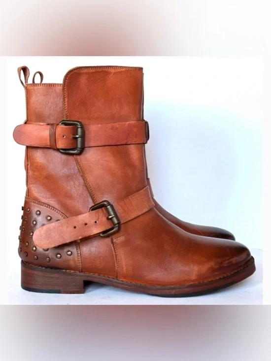 Vintage Foundry Co Sherry Ankle Boots Brown Leather Buckle Women’s 7 Moto Boho