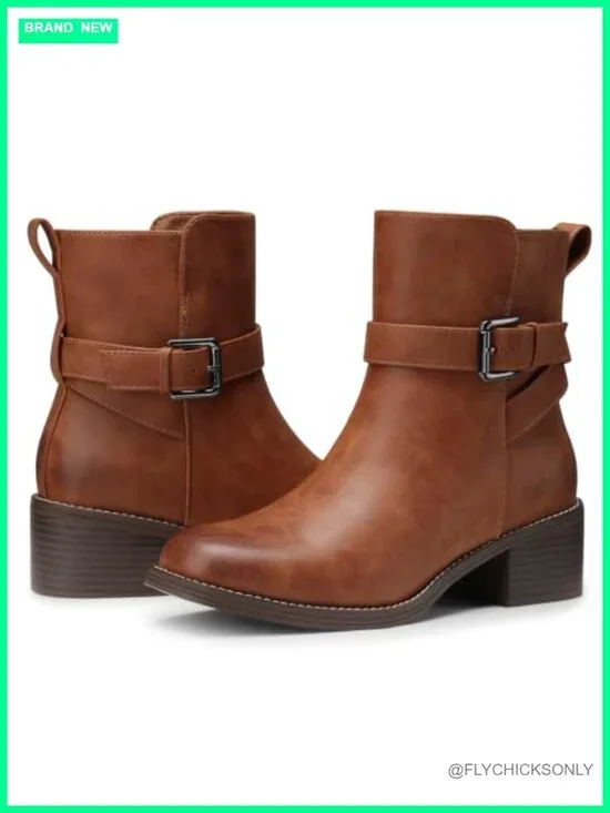 Women's Faux Leather Ankle Boots Low Block Heel Side Zipper Square Toe