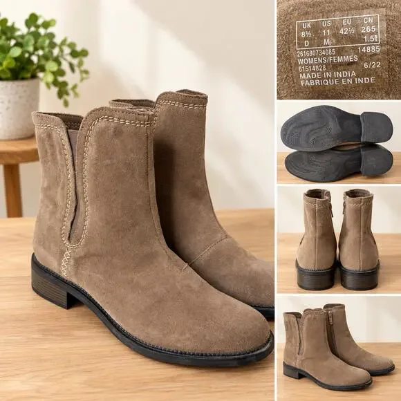 Clarks Maye Zip Women’s Size 11 Pebble Suede Ankle Boots Taupe Brown