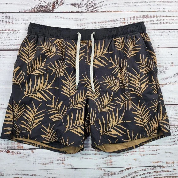 Vuori Trail Shorts 2.0 Mens L Black Tan Palm Print Lined Running