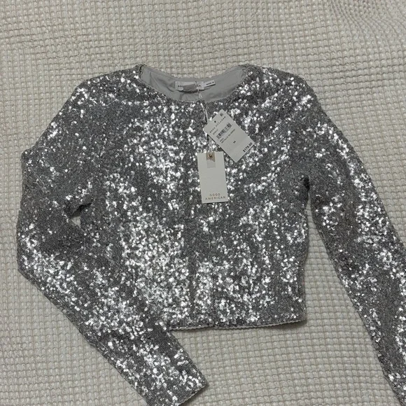 Good American Sparkling Silver Sequin Long Sleeve Top