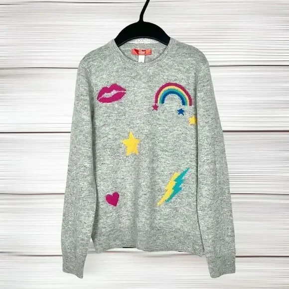 NWT New AQUA Girls Cashmere Crewneck Sweater Gray with Stars and Rainbow L
