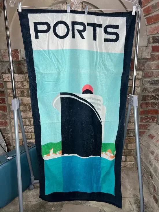 beach towel Ports cruise ship graphic blue green black 1980s