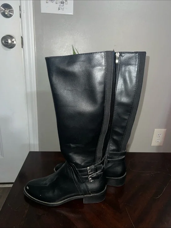 Women's Black Mid-Calf Riding Boots with Buckle Detail