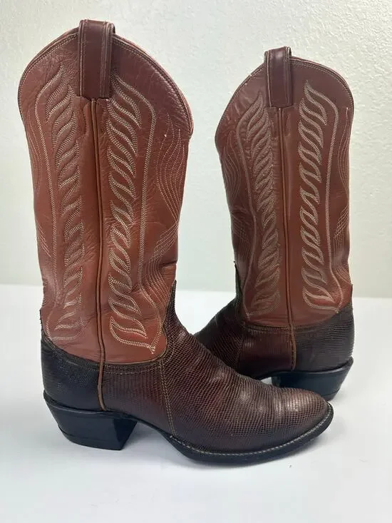 VTG Tony Lama Teju Lizard Exotic Leather Cowboy Boots Cognac Brown Womens 8.5 B