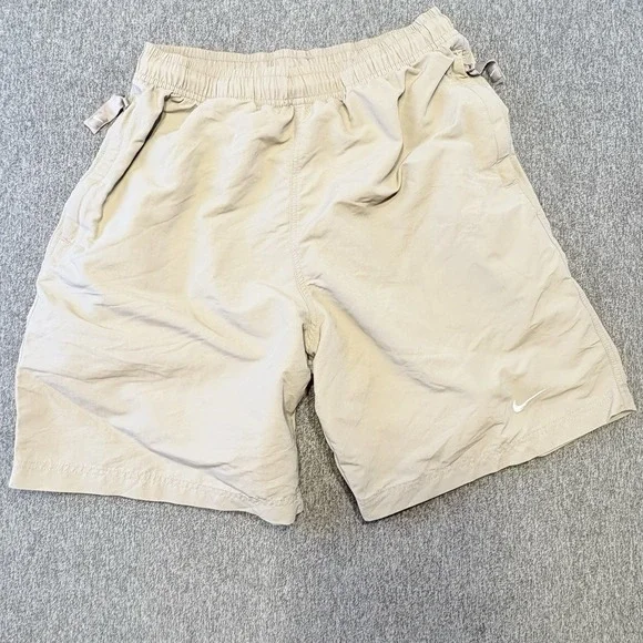 Vintage Nike Shorts Men XS Beige Flat Front Drawstring Nylon Sports Performance