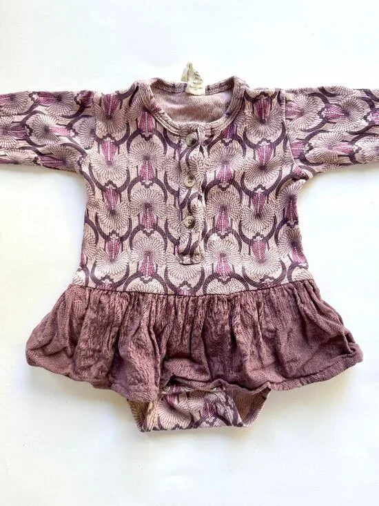 Kate Quinn Art Deco Fan Print Skirted Bodysuit Plum 6-12M