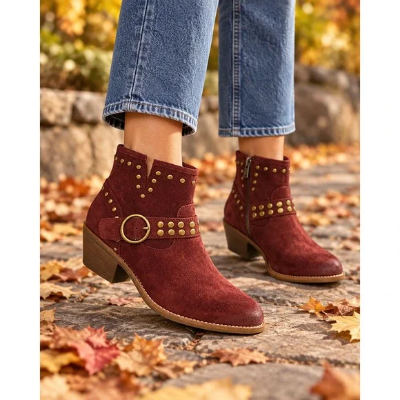 NWOT Sofft Burgundy Suede Studded Western Ankle Boots Buckle Harness 7.5M