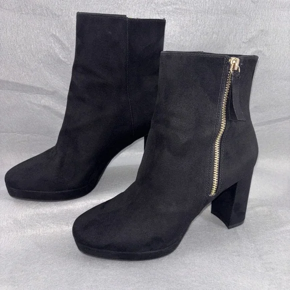H&M Black Suede Platform High Heel Ankle‎ Boots Womens 6 Gold Tone Side Zip EUC
