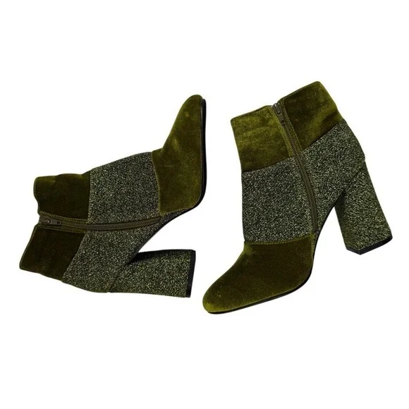 Yoki Womens Olive Green Velvet and Glitter‎ Block Heel Ankle Boots Side Zip