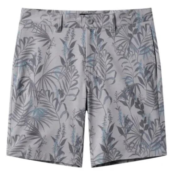 NWT Travis Mathew Gray and Blue Flat Front Shorts with Tropical Print 8” Inseam