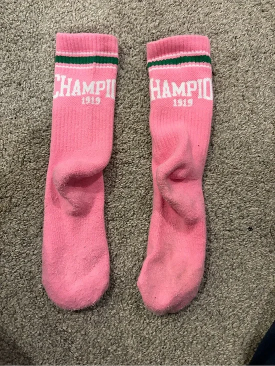 Champion Pink Crew Socks with White Logo and Green Stripe