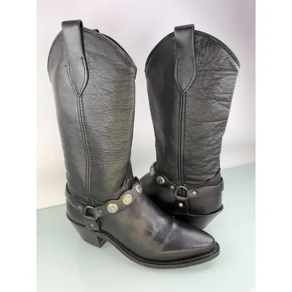 Abilene Black Leather Harness Concho Western‎ Cowgirl Boots USA 5.5M