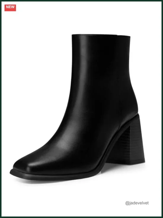 Faux Leather Ankle Boots 2.9 Inch Chunky Heel Square Toe Side Zip