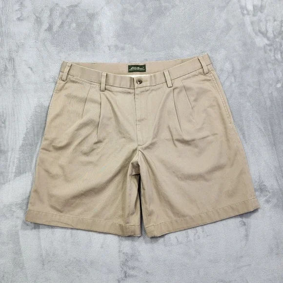 Vintage Eddie Bauer Shorts Mens 38‎ Beige Wrinkle Resistant Pleated Chino Preppy