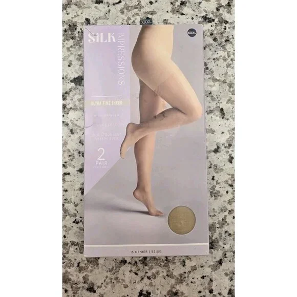 Silk Impressions XXXL 2 Pair 15 Denier Beige Sheer‎ High Waist Pantyhose