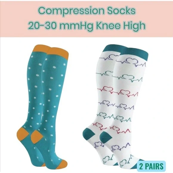 Unisex 20-30 mmHg Compression Socks L/XL Knee‎ High Medical Whimsical 2 Pack NEW