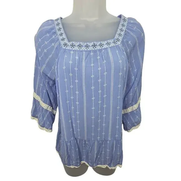 435 Matilda Jane Blue 3/4 Sleeve Boho Embroidery Striped Casual Cottage Core Top