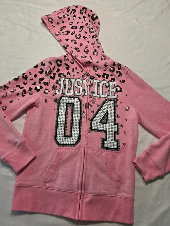 Justice Pink Hoodie with Leopard Print and '04' Graphic. Young Girls sz 8