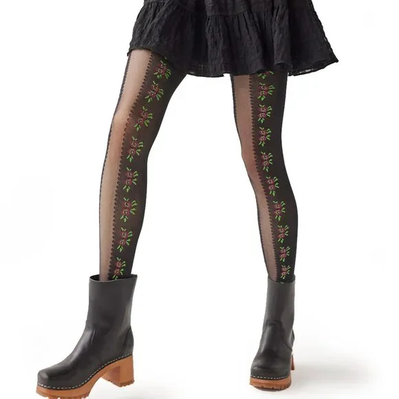 UO Black vintage rose pattern print floral tights