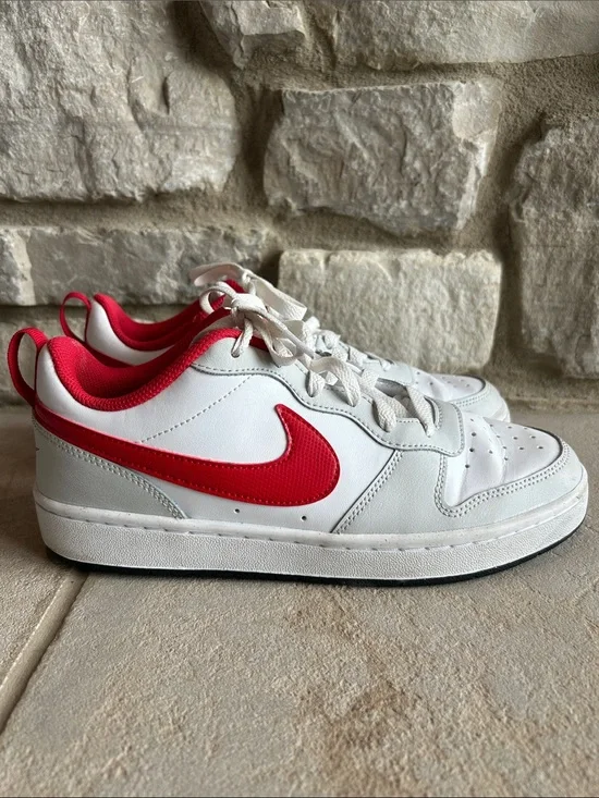 Nike Youth White Leather Low-Top Sneakers with Red Swoosh and Red Lining