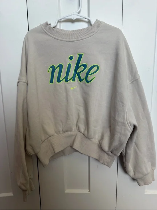 Nike Crewneck Sweatshirt in Light Beige with Neon Green & Blue Logo