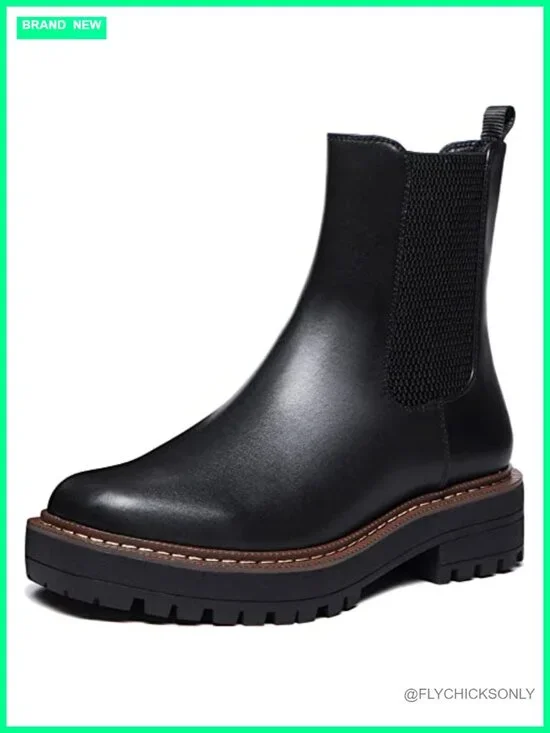 Women's Low Heel Chelsea Platform Ankle Boots PU Faux Sheepskin Waterproof