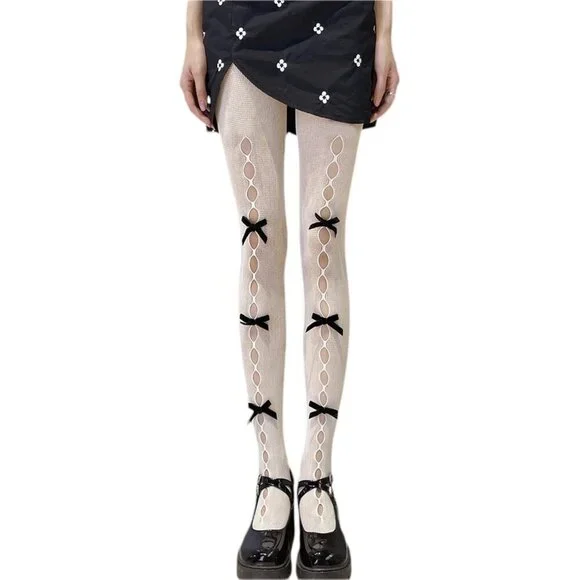 Women Lace Lolita Tights Mesh Bows Goth Stockings Knee High Leggings